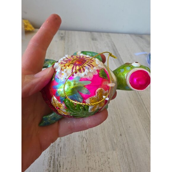 Sea turtle glass Hawaiian flower ornament green glitter Xmas tree - Picture 6 of 8
